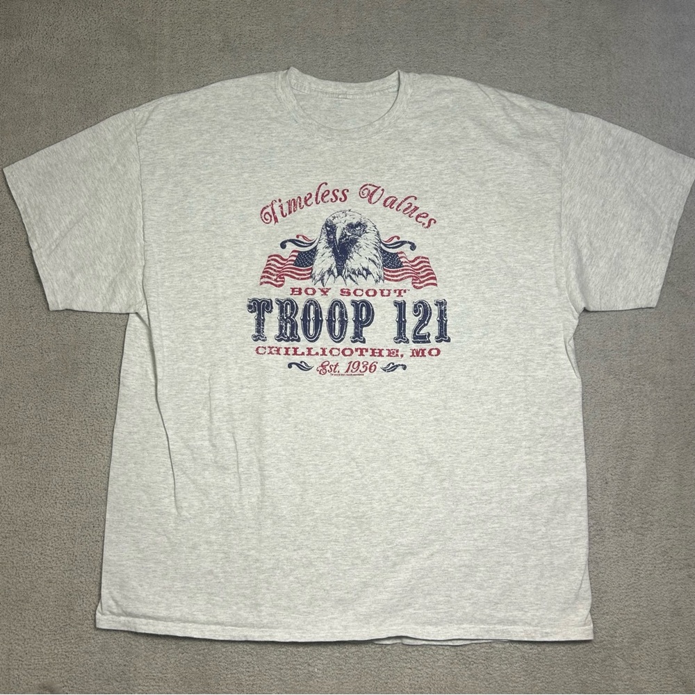 Boy Scout Troop 121 T Shirt Men’s 2XL Gray USA Flag Eagle Graphic Chillicothe MO